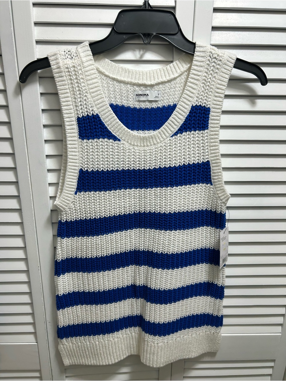 Sonoma Women’s White and Blue Striped Knit Crewneck Sweater Vest NWT Size S